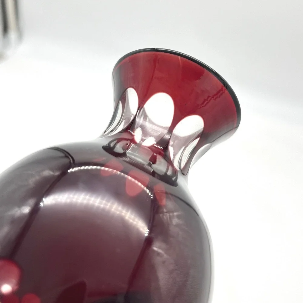 Vintage Bohemian Ruby Red Cut to Clear‎ Floral Glass Vase 7 Inch Cranberry